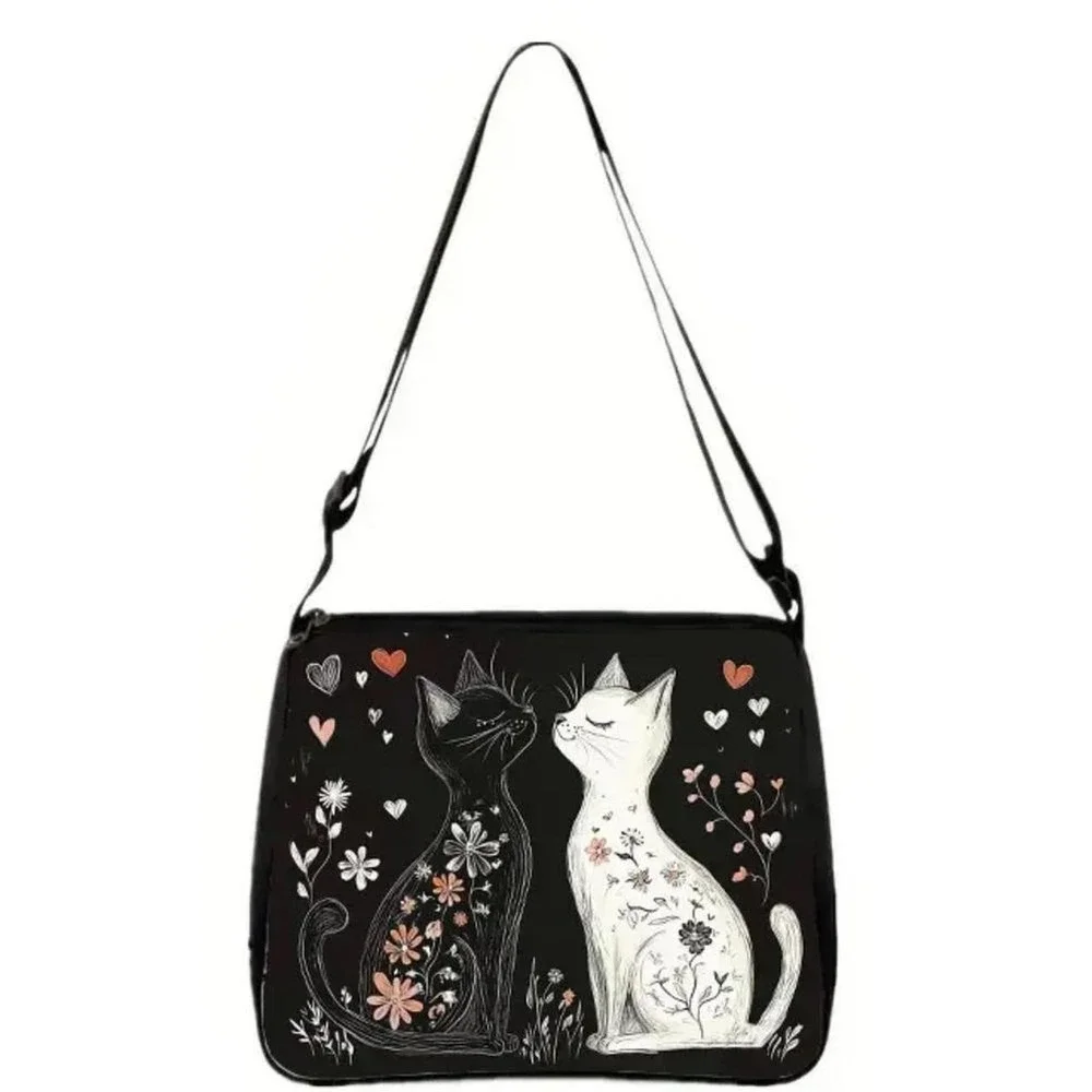 Black White Cats Lovers Crossbody Bag Large Floral Graphic Heart NWT